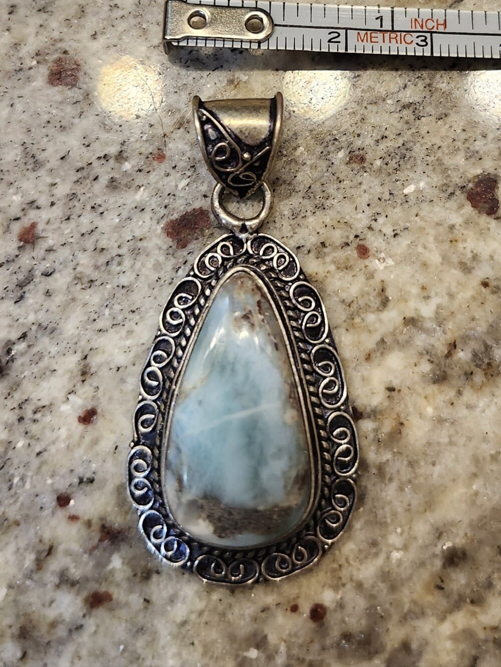Natural Teardrop Larimar Pendant in Pale Blue with 925 Silver Filigree Setting
